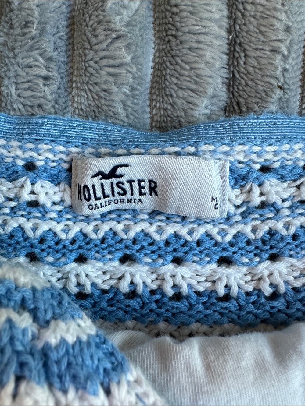 Hollister boho cropped cotton crochet deep v neck striped blue and white top - Picture 3 of 8